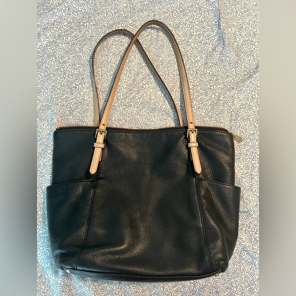 Michael Kors Black Pebbled Leather Shoulder Bag W Tan Trim & Gold Accents GUC!